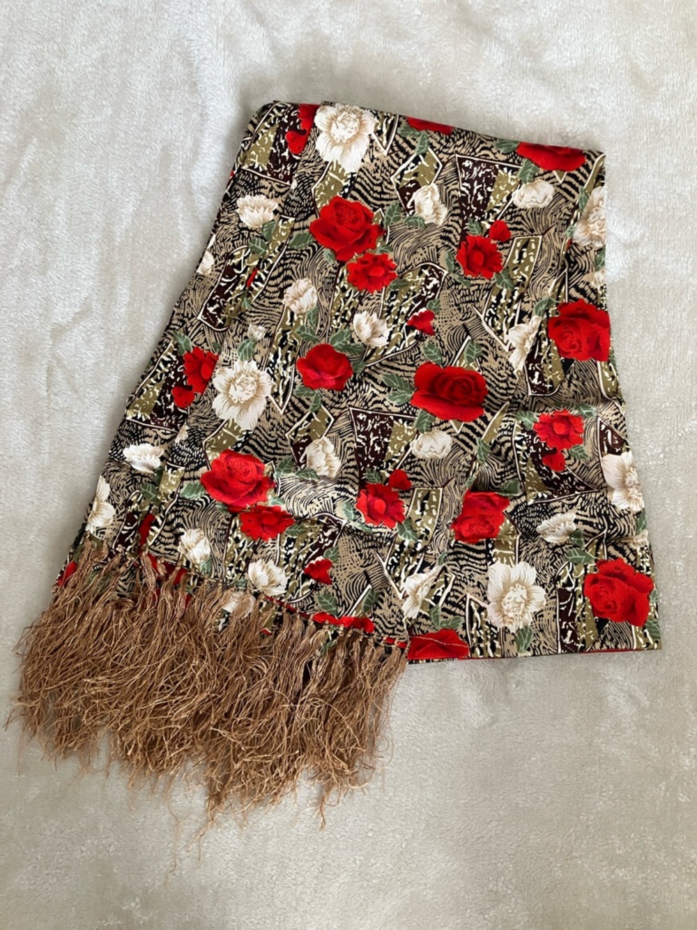 100% Silk Scarf Floral Pattern Tassel Fringe Lightweight